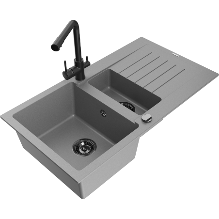 Mexen Matias dřez z granitu s 1,5 komorami s odkapávačem a kuchyňskou baterií Duero, šedý - 6502-71-671600-70-B