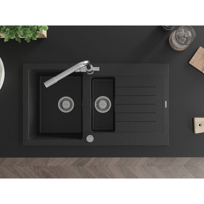 Mexen Matias granitový dřez 1,5-komorový s odkapávačem a kuchyňskou baterií Duero, černý/stříbrný metalik- 6502-73-671600-00