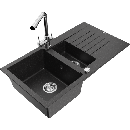 Mexen Matias granitový dřez 1,5-komorový s odkapávačem a kuchyňskou baterií Duero, černý/stříbrný metalik- 6502-73-671600-00
