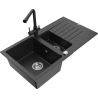 Mexen Matias žulový dřez 1,5-komorový s odkapávačem a kuchyňskou baterií Duero, černý/stříbrný metalik- 6502-73-671600-70