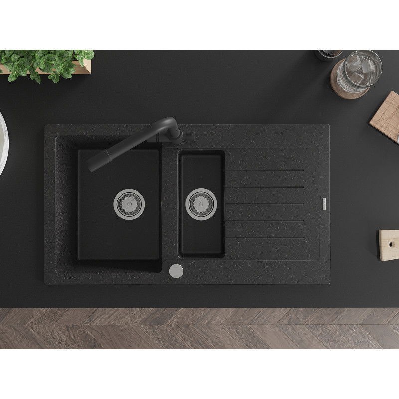 Mexen Matias žulový dřez 1,5-komorový s odkapávačem a kuchyňskou baterií Duero, černý/stříbrný metalik- 6502-73-671600-70