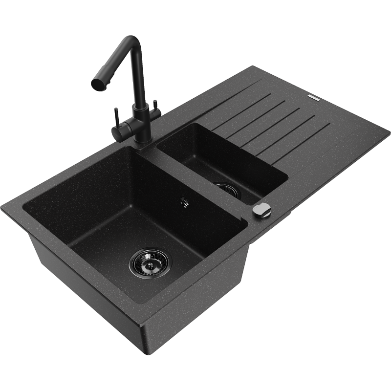 Mexen Matias granitový dřez 1,5-komorový s odkapávačem a kuchyňskou baterií Duero, černý/stříbrný - 6502-73-671600-70-B