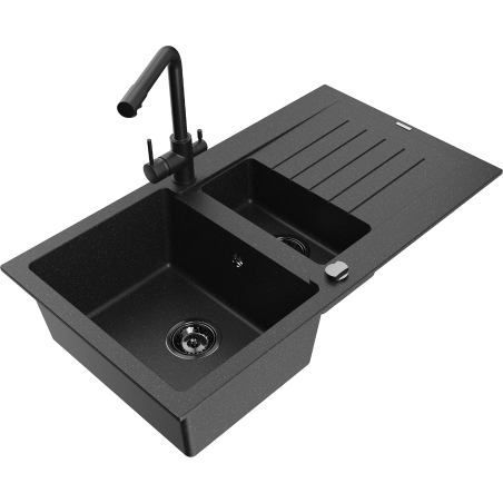 Mexen Matias granitový dřez 1,5-komorový s odkapávačem a kuchyňskou baterií Duero, černý/stříbrný - 6502-73-671600-70-B