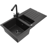 Mexen Matias granitový dřez 1,5-komorový s odkapávačem a kuchyňskou baterií Duero, černý/stříbrný - 6502-73-671600-70-B