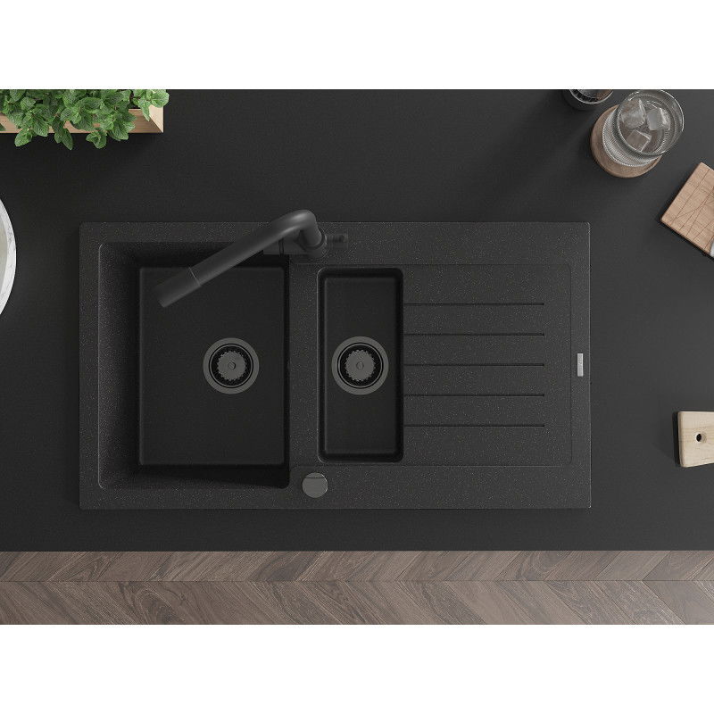 Mexen Matias granitový dřez 1,5-komorový s odkapávačem a kuchyňskou baterií Duero, černý/stříbrný - 6502-73-671600-70-B