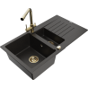 Mexen Matias granitový dřez 1,5-komorový s odkapávačem a kuchyňskou baterií Duero, černý/zlatý metalik - 6502-75-671600-50
