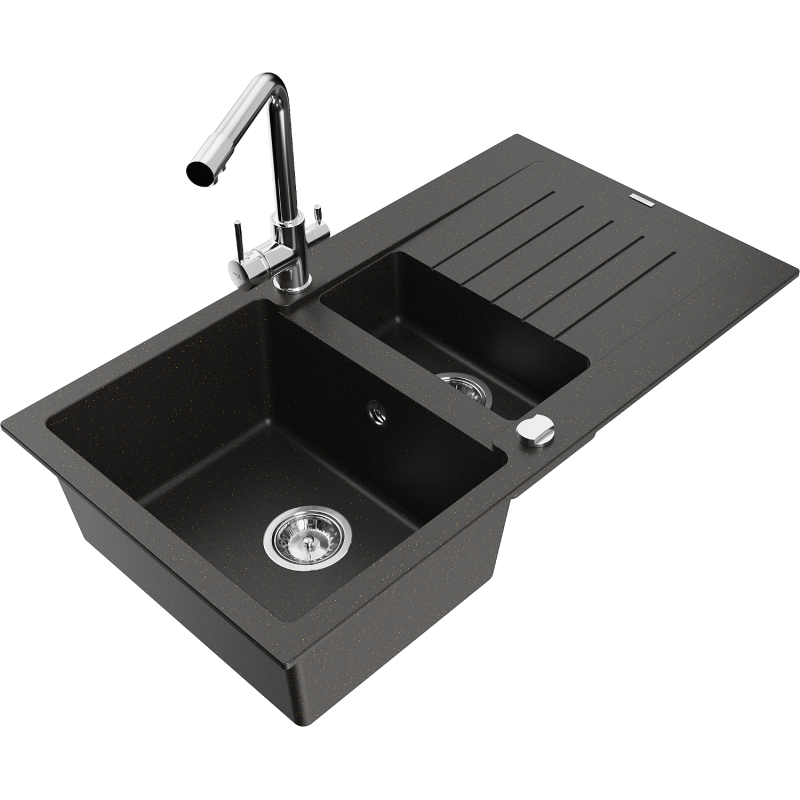 Mexen Matias granitový dřez 1,5-komorový s odkapávačem a kuchyňskou baterií Duero, černý/zlatý metalík - 6502-75-671600-00