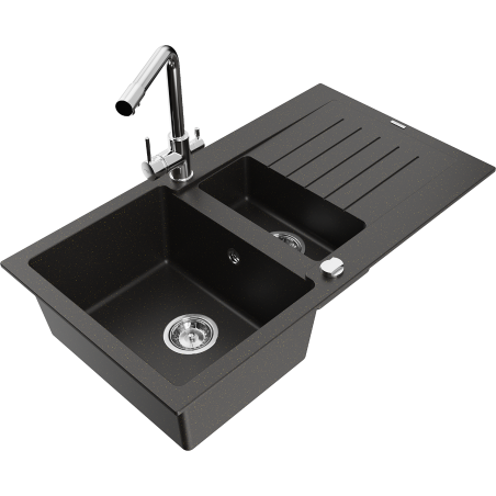 Mexen Matias granitový dřez 1,5-komorový s odkapávačem a kuchyňskou baterií Duero, černý/zlatý metalík - 6502-75-671600-00