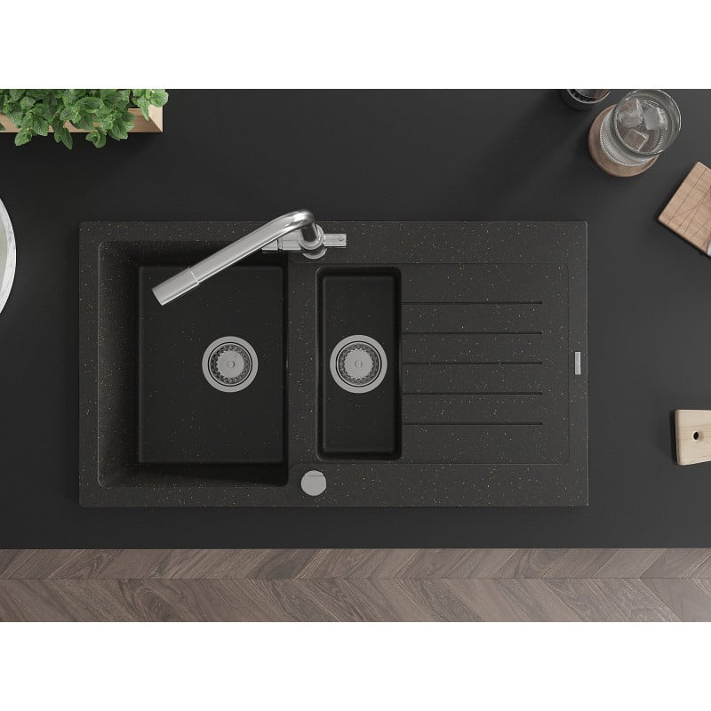 Mexen Matias granitový dřez 1,5-komorový s odkapávačem a kuchyňskou baterií Duero, černý/zlatý metalík - 6502-75-671600-00