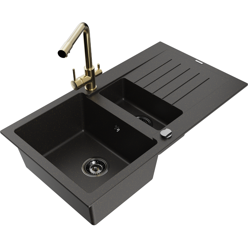 Mexen Matias granitový dřez 1,5-komorový s odkapávačem a kuchyňskou baterií Duero, černý/zlatý - 6502-75-671600-50-B