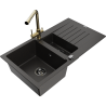 Mexen Matias granitový dřez 1,5-komorový s odkapávačem a kuchyňskou baterií Duero, černý/zlatý - 6502-75-671600-50-B