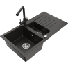 Mexen Matias granitový dřez 1,5-komorový s odkapávačem a kuchyňskou baterií Duero, černý/zlatý metalik - 6502-75-671600-70