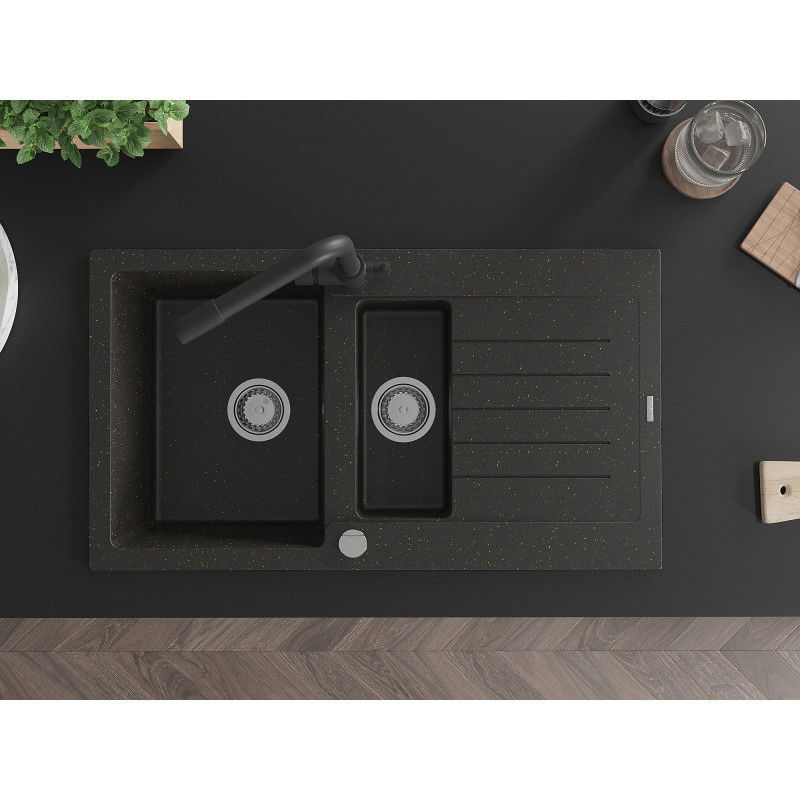 Mexen Matias granitový dřez 1,5-komorový s odkapávačem a kuchyňskou baterií Duero, černý/zlatý metalik - 6502-75-671600-70