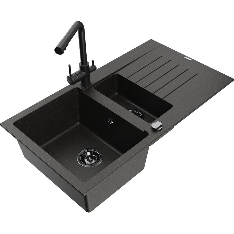 Mexen Matias granitový dřez 1,5-komorový s odkapávačem a kuchyňskou baterií Duero, černý/zlatý - 6502-75-671600-70-B