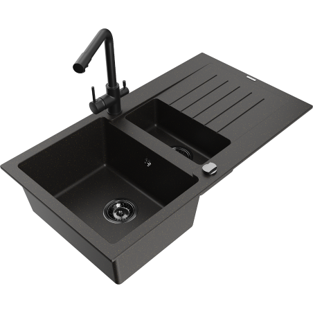 Mexen Matias granitový dřez 1,5-komorový s odkapávačem a kuchyňskou baterií Duero, černý/zlatý - 6502-75-671600-70-B
