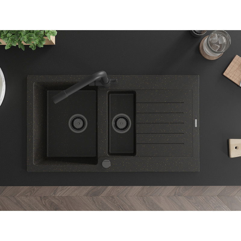 Mexen Matias granitový dřez 1,5-komorový s odkapávačem a kuchyňskou baterií Duero, černý/zlatý - 6502-75-671600-70-B