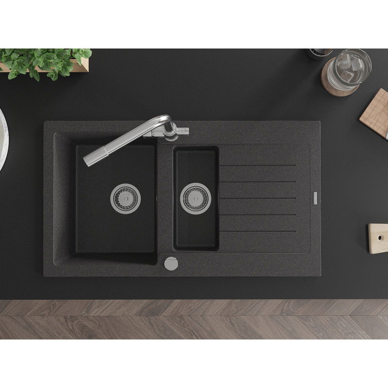 Mexen Matias granitový dřez 1,5-komorový s odkapávačem a kuchyňskou baterií Duero, černý skvrnitý - 6502-76-671600-00