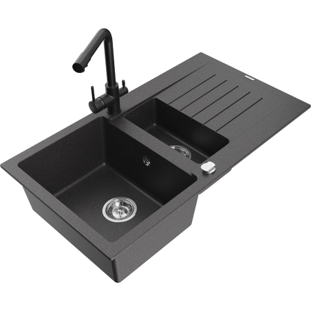 Mexen Matias žulový dřez 1,5-komorový s odkapávačem a kuchyňskou baterií Duero, černý skvrnitý - 6502-76-671600-70