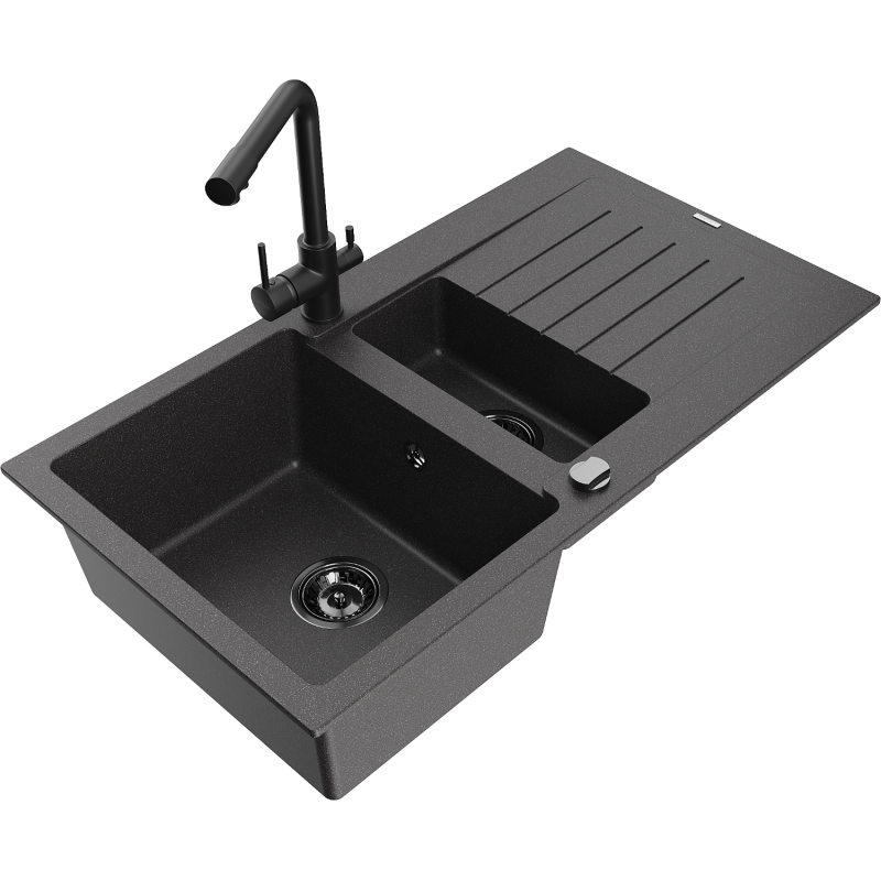 Mexen Matias granitový dřez 1,5-komorový s odkapávačem a kuchyňskou baterií Duero, černý tečkovaný - 6502-76-671600-70-B