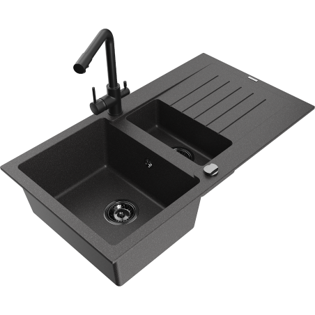 Mexen Matias granitový dřez 1,5-komorový s odkapávačem a kuchyňskou baterií Duero, černý tečkovaný - 6502-76-671600-70-B