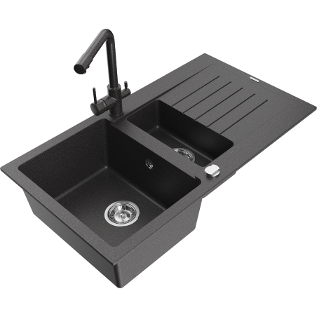 Mexen Matias granitový dřez 1,5-komorový s odkapávačem a kuchyňskou baterií Duero, černý skvrnitý - 6502-76-671600-76