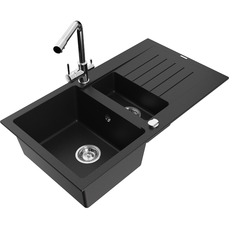 Mexen Matias granitový dřez 1,5-komorový s odkapávačem a kuchyňskou baterií Duero, černý - 6502-77-671600-00