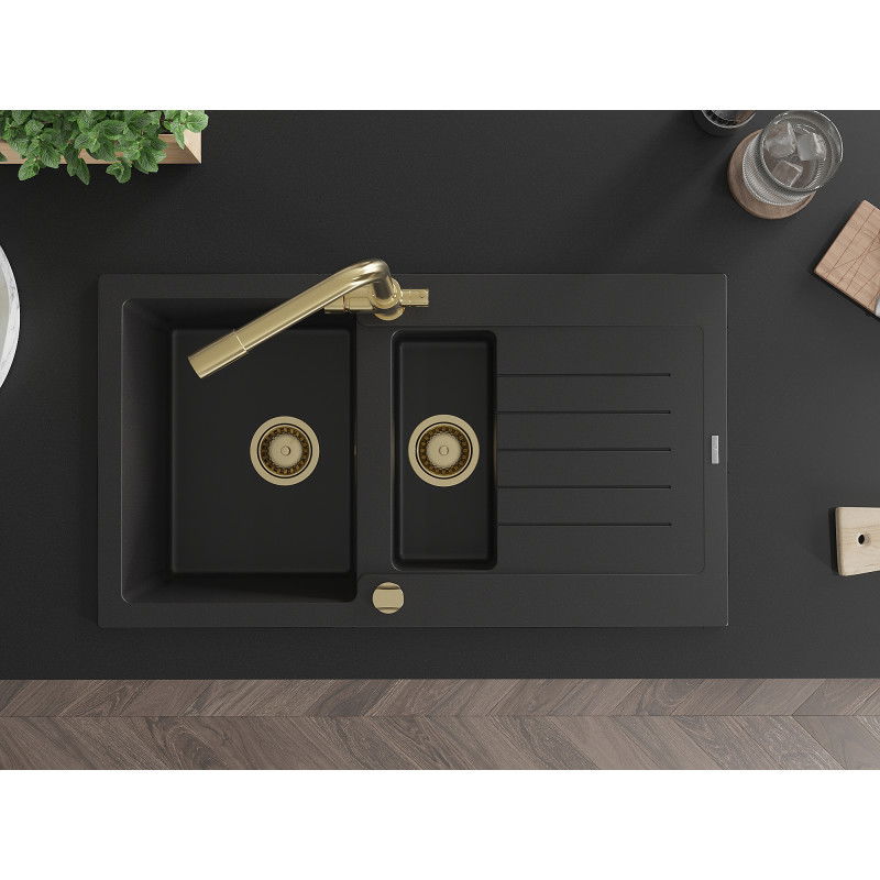 Mexen Matias granitový dřez 1,5-komorový s odkapem a kuchyňskou baterií Duero, černý - 6502-77-671600-50