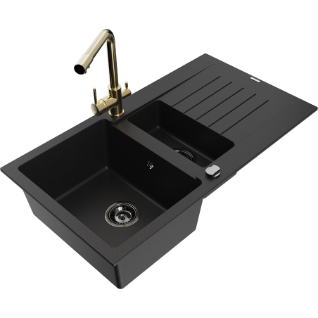 Mexen Matias granitový dřez 1,5-komorový s odkapávačem a kuchyňskou baterií Duero, černý - 6502-77-671600-50-B