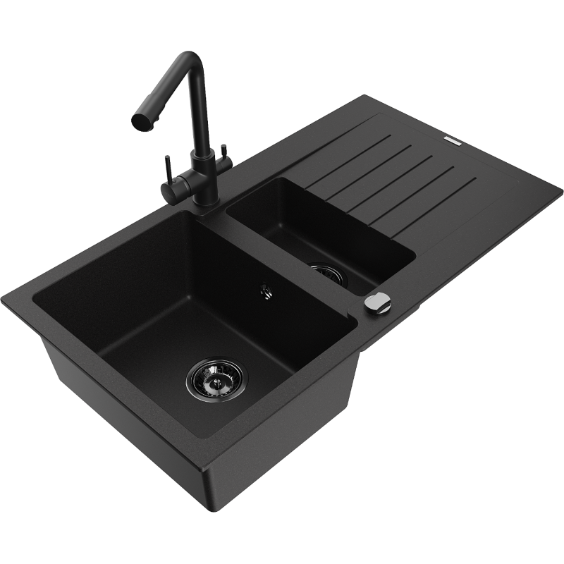 Mexen Matias granitový dřez 1,5-komorový s odkapávačem a kuchyňskou baterií Duero, černý - 6502-77-671600-70-B