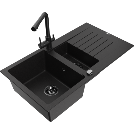 Mexen Matias granitový dřez 1,5-komorový s odkapávačem a kuchyňskou baterií Duero, černý - 6502-77-671600-70-B