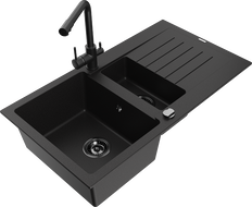 Mexen Matias granitový dřez 1,5-komorový s odkapávačem a kuchyňskou baterií Duero, černý - 6502-77-671600-70-B