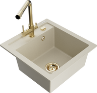 Mexen Vito granitový dřez 1-komorový s kuchyňskou baterií Duero, béžový - 6503-69-671600-50