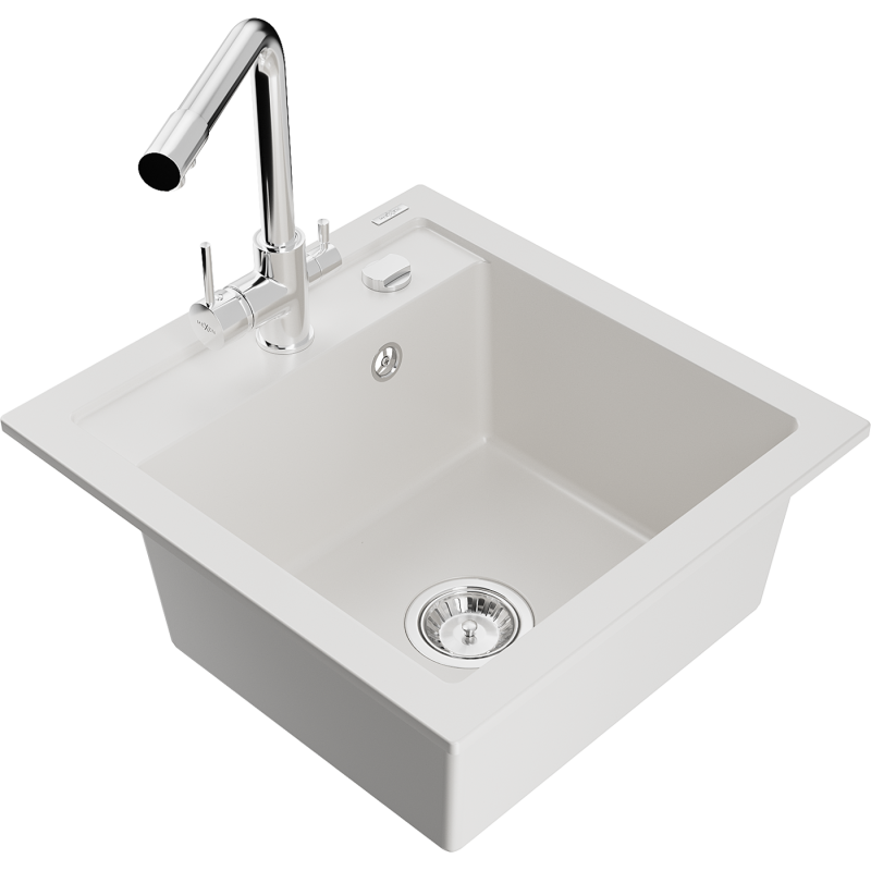Mexen Vito granitový dřez s 1 komorou a kuchyňskou baterií Duero, bílý - 6503-20-671600-00