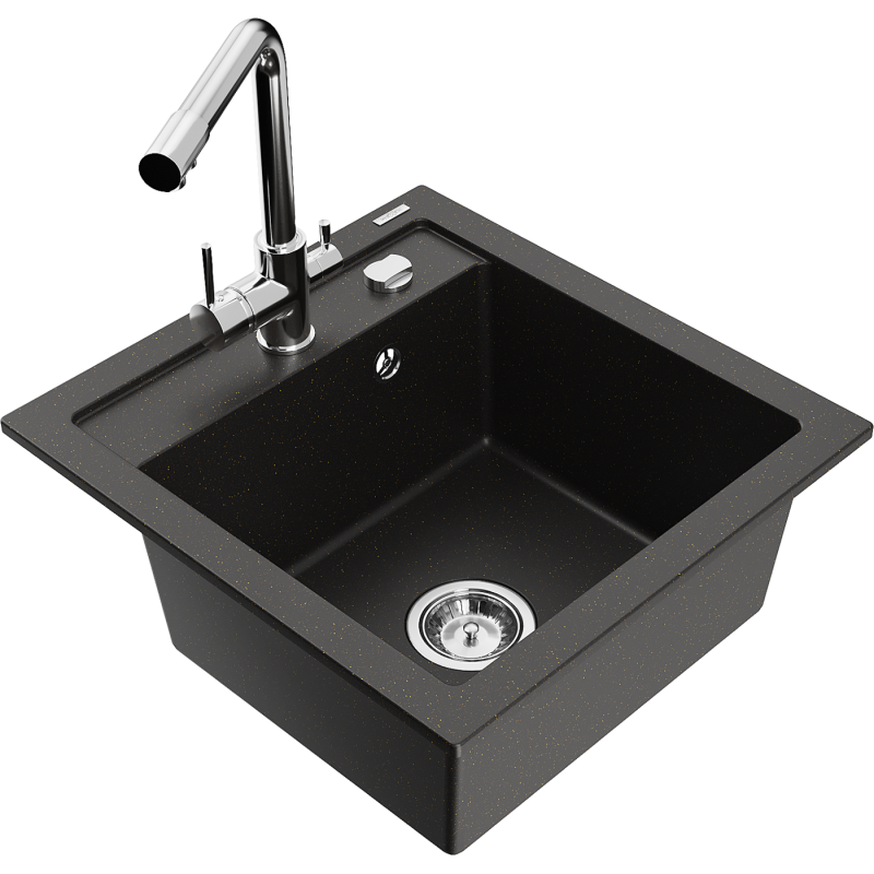 Mexen Vito granitový dřez s 1 komorou a kuchyňskou baterií Duero, černý/zlatý metalik - 6503-75-671600-00