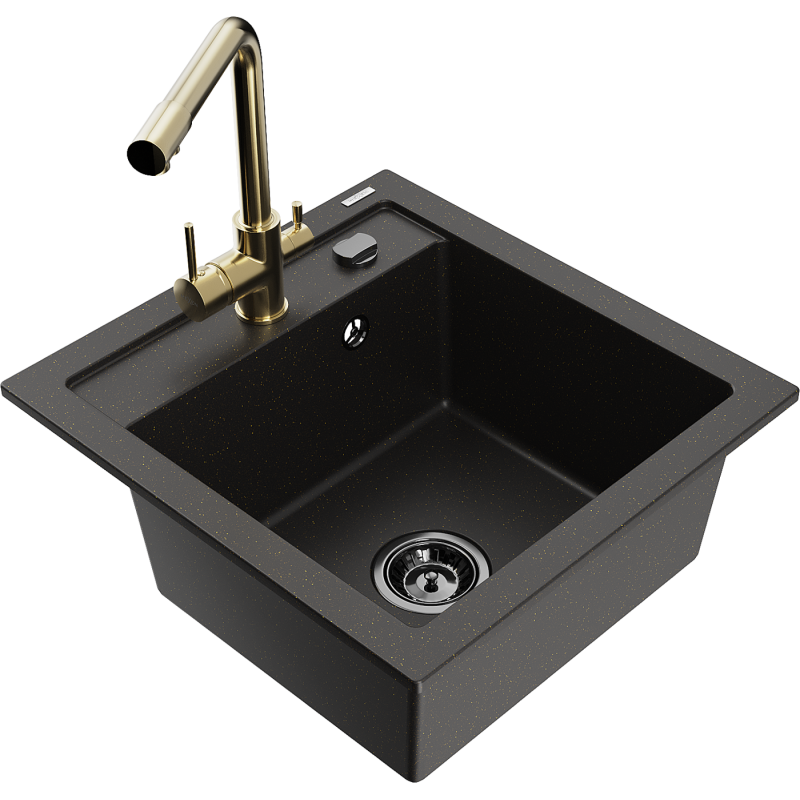 Mexen Vito granitový dřez 1-komorový s kuchyňskou baterií Duero, černá/zlatý metalik - 6503-75-671600-50-B