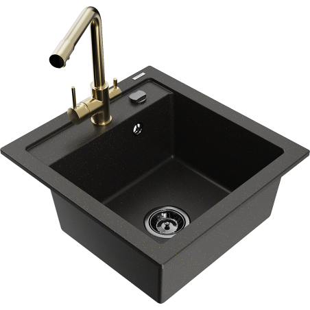 Mexen Vito granitový dřez 1-komorový s kuchyňskou baterií Duero, černá/zlatý metalik - 6503-75-671600-50-B