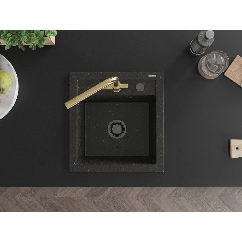 Mexen Vito granitový dřez 1-komorový s kuchyňskou baterií Duero, černá/zlatý metalik - 6503-75-671600-50-B
