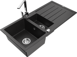 Mexen Andres granitový dřez 1,5-komorový s odkapávačem a kuchyňskou baterií Rita, černý/stříbrný metalík - 6515-73-670300-00