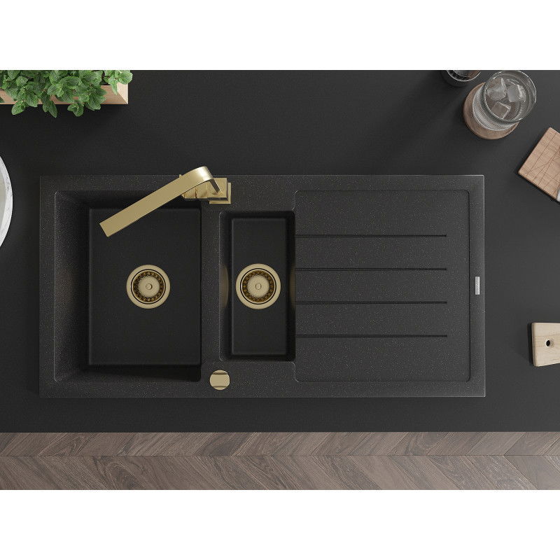 Mexen Andres žulový dřez 1,5-komorový s odkapávačem a kuchyňskou baterií Rita, černý/stříbrný metalik - 6515-73-670300-50