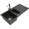 Mexen Andres žulový dřez 1,5-komorový s odkapávačem a kuchyňskou baterií Rita, černý/stříbrný metalik - 6515-73-670300-50
