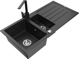 Mexen Andres dřez granitový 1,5-komorový s odkapávačem a kuchyňskou baterií Rita, černý/stříbrný metalik - 6515-73-670300-70