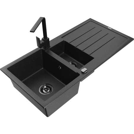 Mexen Andres granitový dřez 1,5-komorový s odkapávačem a kuchyňskou baterií Rita, černý/stříbrný - 6515-73-670300-70-B