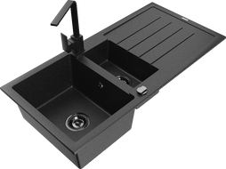 Mexen Andres granitový dřez 1,5-komorový s odkapávačem a kuchyňskou baterií Rita, černý/stříbrný - 6515-73-670300-70-B