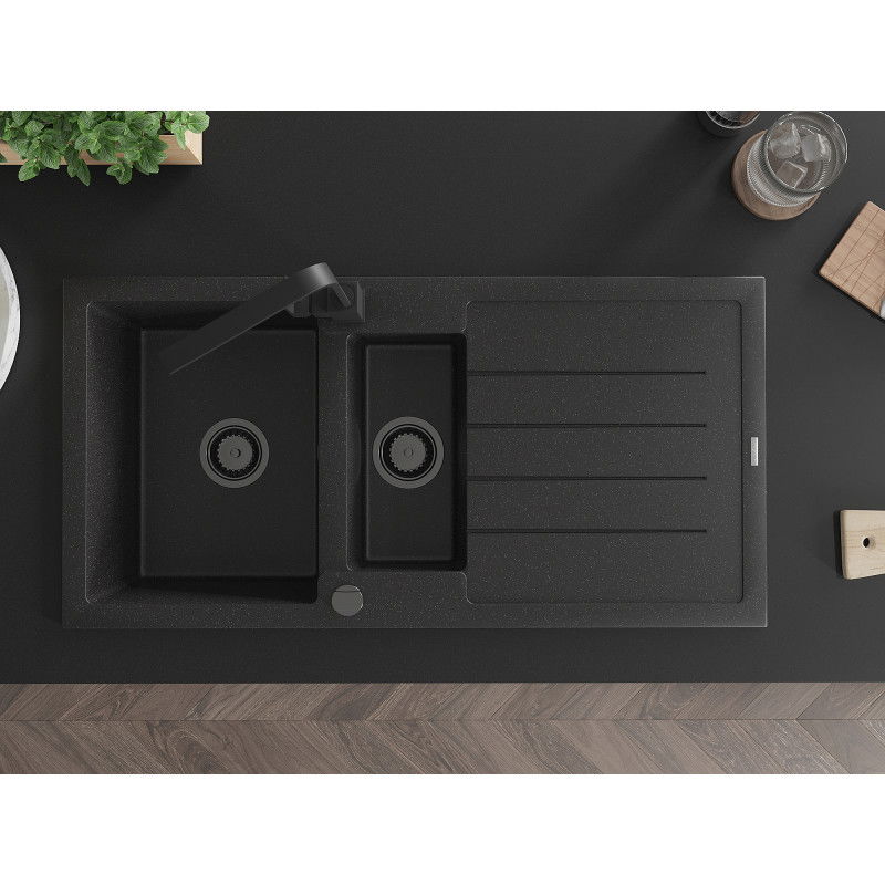 Mexen Andres granitový dřez 1,5-komorový s odkapávačem a kuchyňskou baterií Rita, černý/stříbrný - 6515-73-670300-70-B