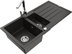 Mexen Andres granitový dřez 1,5-komorový s odkapávačem a kuchyňskou baterií Rita, černý/zlatý metalík- 6515-75-670300-00
