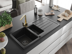 Mexen Andres granitový dřez 1,5-komorový s odkapávačem a kuchyňskou baterií Rita, černý/zlatý metalický- 6515-75-670300-50-B