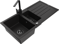 Mexen Andres granitový dřez 1,5-komorový s odkapávačem a kuchyňskou baterií Rita, černý/zlatý metalik- 6515-75-670300-70-B