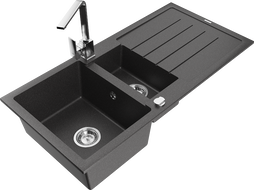 Mexen Andres žulový dřez 1,5-komorový s odkapávačem a kuchyňskou baterií Rita, černý skvrnitý - 6515-76-670300-00