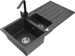 Mexen Andres žulový dřez 1,5-komorový s odkapávačem a kuchyňskou baterií Rita, černý skvrnitý - 6515-76-670300-70