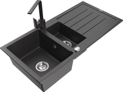 Mexen Andres granitový dřez 1,5-komorový s odkapávačem a kuchyňskou baterií Rita, černý s tečkami - 6515-76-670300-76